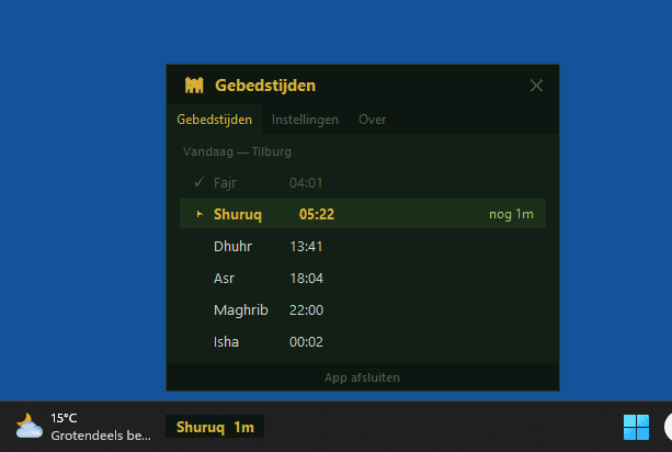 Waqti widget opengeklapt met alle gebedstijden