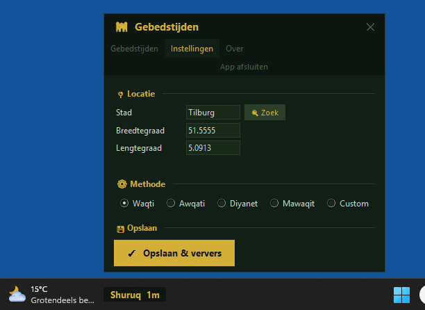 Waqti widget instellingen